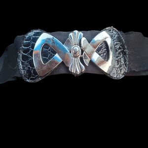 Vintage 80s 90s Stretchy Waist Belt Cincher Black & silver Tone Buckle L/XL